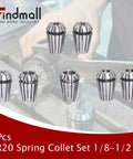 7-piece ER20 Spring Collet Set 1/8 To 1/2 Inch For CNC Milling Lathe And Engraving Machines displayed in a workshop setting