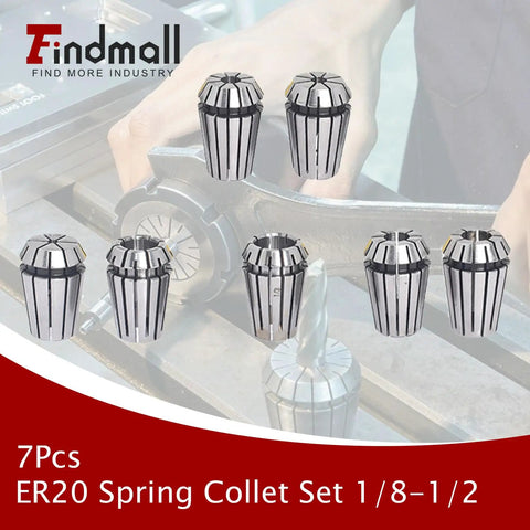 7-piece ER20 Spring Collet Set 1/8 To 1/2 Inch For CNC Milling Lathe And Engraving Machines displayed in a workshop setting