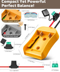 Diagram of 2-Pack 20V Battery Adapter For Power Wheels Upgrade Kit with dimensions, connectors, and fuses shown in detail.