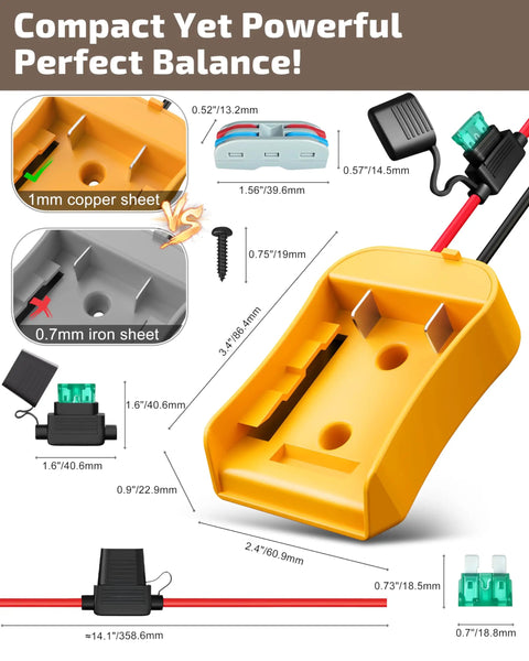 Diagram of 2-Pack 20V Battery Adapter For Power Wheels Upgrade Kit with dimensions, connectors, and fuses shown in detail.