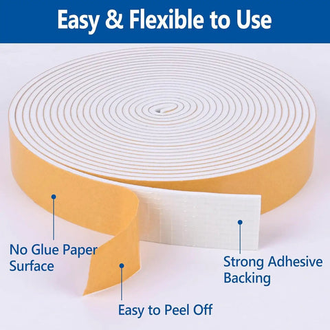 Heavy Duty Self Adhesive Foam Weather Stripping Tape For Doors And Windows Square Black Draft Buster Sound Deadening Insulation Seal Half Inch Wide By Quarter Inch Thick X Sixteen Foot Roll Super Sticky Peel Stick Easy Trim roll showing easy peel surface and strong adhesive backing.