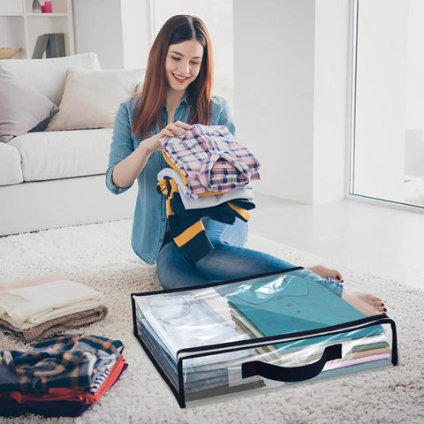 Woman organizing clothes into Heavy-Duty Clear Storage Bags With Zipper, 12 Pack, 12L Waterproof Moving Organizer Bags on carpet.