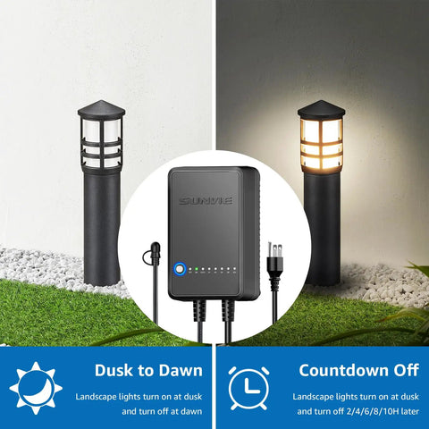 All In One LED Landscape Lighting Kit With Eight Low Voltage Path Lights, 60W Transformer, dusk to dawn feature shown