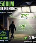 Solar Outdoor Lights Motion Sensor with 2500LM brightness, 270° wide angle, and 120° motion detection for security.