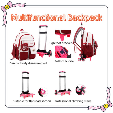 Multifunctional Color Blocking Rolling Backpack For Girls With Wheels, showing detachable trolley and adjustable features