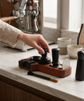 Premium Spring Loaded 51Mm Coffee Espresso Tamper Set Delivering Exact 30 Pound Pressure For Flawless Puck Prep and Straight Up Pro Barista Shots on a countertop.