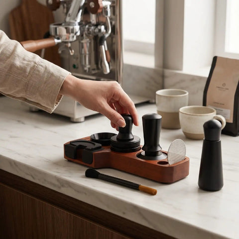 Premium Spring Loaded 51Mm Coffee Espresso Tamper Set Delivering Exact 30 Pound Pressure For Flawless Puck Prep and Straight Up Pro Barista Shots on a countertop.