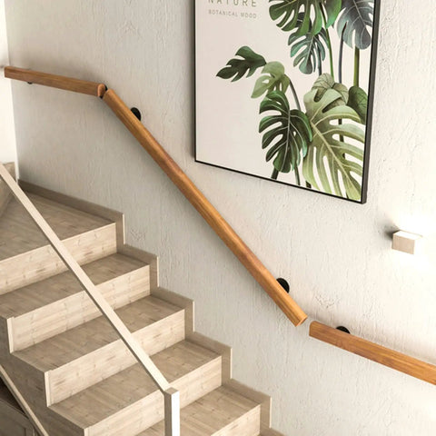 Three Foot Wooden Stair Handrail For Indoor Outdoor Use, Sturdy Wall Mount Guardrail along stairs, pine wood material.