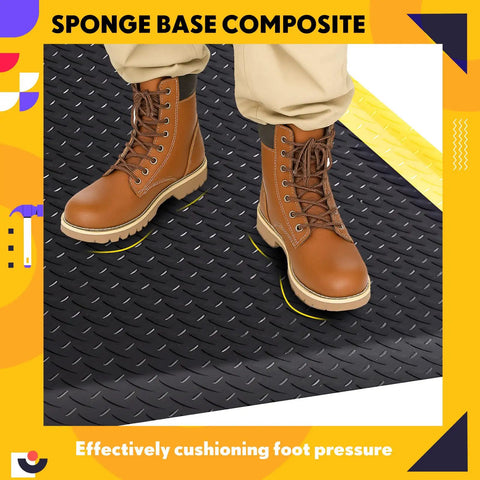 Boots on Anti Fatigue Industrial ESD Mat With Ground Wire 3x12 Feet Thick Three Quarter Inch Heavy Duty Ergonomic Standing Floor Pad Black With Yellow Border For Commercial Shops And Lab Stations
