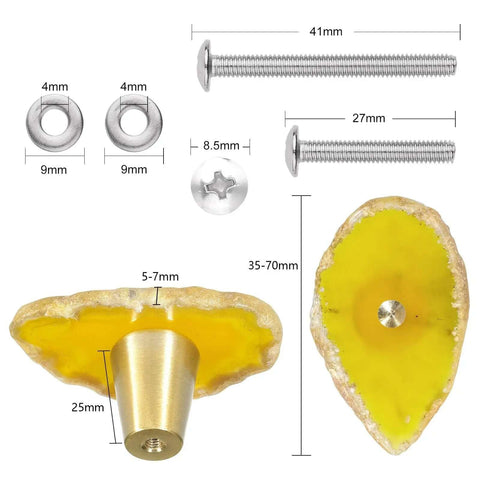 Level Up Your Setup With These Dope Natural Yellow Agate Slice Cabinet Knobs 4 Piece Set Top Shelf Kitchen Bath Vanity Drawer Pulls Clean Modern Hardware with screws and metal fittings.