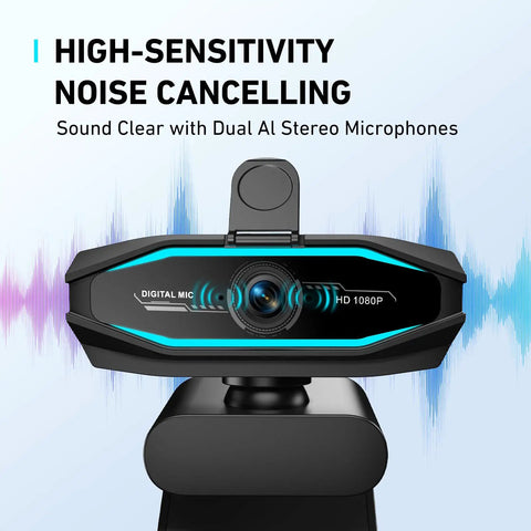 Crisp 1080P Webcam With Bangin Mic And Slick RGB Glow For Seamless Streaming Smart Auto Light Correction And Noise Cancellation Usb Plug Play Pc Camera With Slide Privacy Cover Ready To Roll with dual AI microphones and RGB accents.