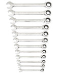 Open End Ratcheting Metric Wrench Set 12 Piece For Quick Fastener Turn With A Grippy Off Corner Design displayed in a lined set