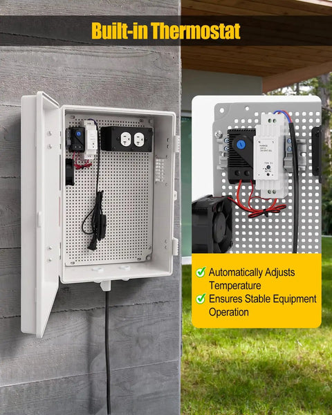 Tough As Nails Abs Weatherproof Electrical Enclosure Box With Built In Socket And Reliable Thermostat showing internal components and thermostat.