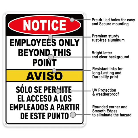 Employees Only Beyond This Point Sign Bilingual No Customers Allowed In Work Area Door Sign 10x7 Inch Aluminum Reflective Rust Free Safety
