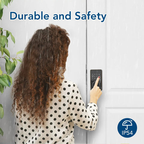 Woman using WiFi Keyless Entry Smart Lock With Touchscreen Keypad, Remote Unlock Via App, Bluetooth And WiFi Deadbolt in rain