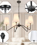 5 Light Modern Chandelier With White Fabric Shades, Sleek Black Dope Ceiling Pendant For Dining Room Living Room Hallway And Bedroom, Adjustable Height, E12 Base Hanging Lamp, Contemporary Pendant Lighting, details.
