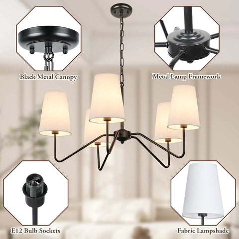 5 Light Modern Chandelier With White Fabric Shades, Sleek Black Dope Ceiling Pendant For Dining Room Living Room Hallway And Bedroom, Adjustable Height, E12 Base Hanging Lamp, Contemporary Pendant Lighting, details.