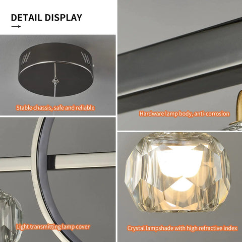 Detail display of Lit Modern LED Chandelier With Remote 40W Black Five Light Linear Pendant Lighting With Crystal Lampshade