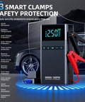 All-In-One Portable Car Jump Starter With Air Compressor, 6000A Jump Box With LED Lights, 160 PSI, safety features displayed