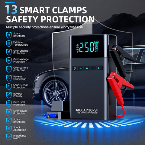 All-In-One Portable Car Jump Starter With Air Compressor, 6000A Jump Box With LED Lights, 160 PSI, safety features displayed