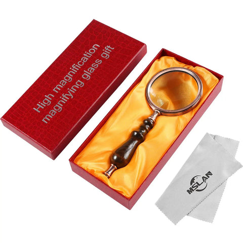 Old School 10X Magnifying Glass With Wooden Handle And Copper Frame in gift box with cleaning cloth