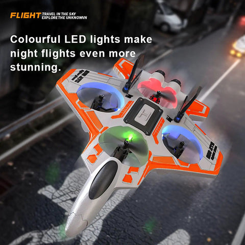 No Assembly RC Fighter Plane For Kids With Auto Hover, 360 Degree Flips, colorful LED lights, flying in urban street