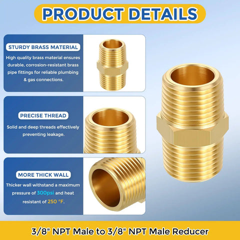 Image showing brass 3/8 inch NPT male-to-male reducer with precise thread details and sturdy construction.