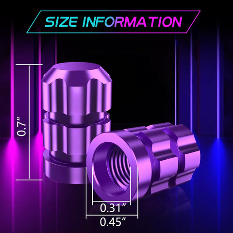 Vibrant Purple Tire Valve Stem Caps 4 Pack, Rustproof Metal Caps With Fade Resistant Finish, Universal Fit, Size Details