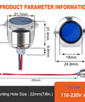 Two Pack 22mm Metal Indicator Light Seven Eighths Inch Mounting Hole 110-220 VAC IP67 Waterproof Flat Head LED Pilot Lamp With 20cm Wire Blue For Car Boat Truck Durable Brass Nickel Plated Case, blue front view