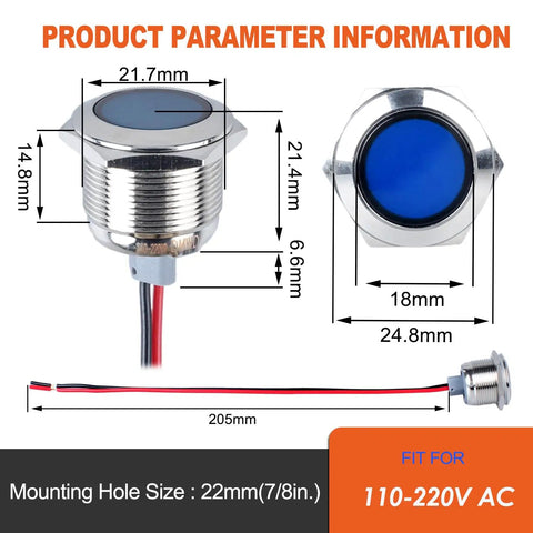 Two Pack 22mm Metal Indicator Light Seven Eighths Inch Mounting Hole 110-220 VAC IP67 Waterproof Flat Head LED Pilot Lamp With 20cm Wire Blue For Car Boat Truck Durable Brass Nickel Plated Case, blue front view
