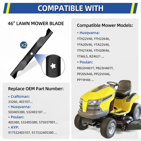 2 Pack Replacement 46 Inch Lawn Mower Blade For Husqvarna YTH22V46 YTH22K46 Z246 YT46LS YTH20K46 YTH21K46 YTH2K46 RZ4623 With 5 Star Mounting Pattern, shown with compatible mower models and specifications