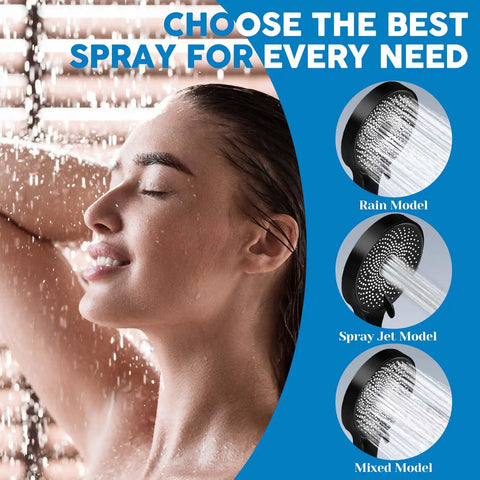 Woman enjoying shower under 8 Inch Square Rain Shower Head With Handheld Spray Combo And Adjustable Extension Arm Three Way Flow Regulator