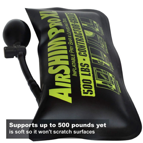 Front view of Air Shim XL inflatable wedge with hand pump; black bag with lime-green graphics