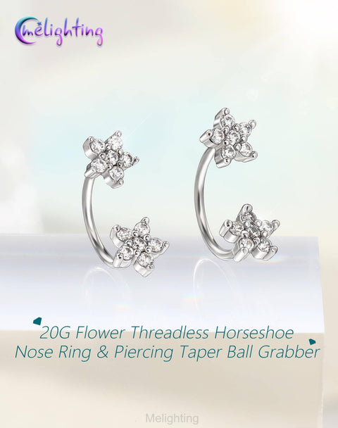 Flower Push Pin 20G Horseshoe Nose Ring Hoop All In One Piercing Set With Taper Ball Grabber Tool 316L Surgical Steel