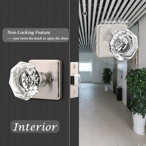 Crystal Interior Door Knobs 10 Pack For Hallway And Closet Doors Clear Glass Octagon Dope Door Handles Satin Nickel Plate