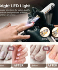 Top Shelf Electric Nail File Kit With Fifteen Speed Settings To Knock Out Stubborn Calluses And Rough Toenails Smooths Fragile Fingernails And Cuticles At Home Without Breaking A Sweat Ideal For Men Women Or Seniors showing LED light use on manicured nails.