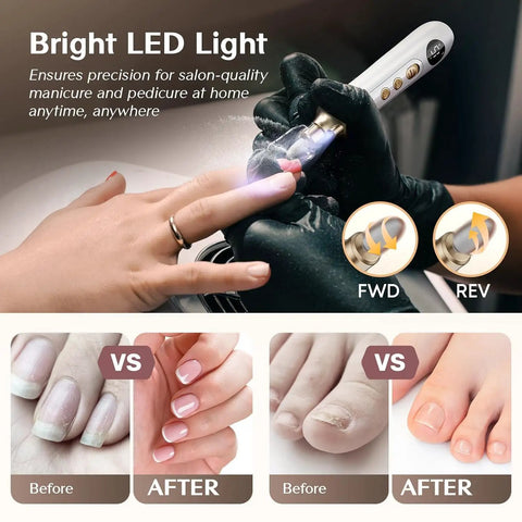 Top Shelf Electric Nail File Kit With Fifteen Speed Settings To Knock Out Stubborn Calluses And Rough Toenails Smooths Fragile Fingernails And Cuticles At Home Without Breaking A Sweat Ideal For Men Women Or Seniors showing LED light use on manicured nails.