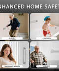 Image showing uses of 12 Inch Shower Grab Bar Heavy Duty 304 Stainless Steel Handrail Anti Slip Wall Mount For Bathroom Safety Rust Proof; elderly, children, pregnant women, and injured.