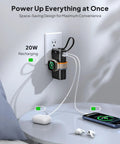 Ultimate 10000mAh Power Bank With 22.5W Fast Charging And Built In Lightning Usb C Cables Plus Foldable Wall Plug For iPhone And Apple Watch charging multiple devices on a table.