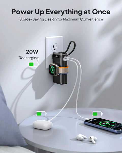 Ultimate 10000mAh Power Bank With 22.5W Fast Charging And Built In Lightning Usb C Cables Plus Foldable Wall Plug For iPhone And Apple Watch charging multiple devices on a table.