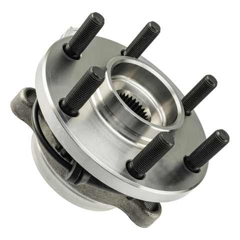 BeefedUp 4WD Front Wheel Bearing And Hub Assembly That Fits Nissan Frontier 2005 To 2019 Xterra 2005 To 2015 Pathfinder 2005 To 2012 Suzuki Equator 2009 To 2012 6 Lug 2 Piece Set, front view of metal hub with 6-lug design for 4WD SUVs.