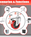 4 Inch Heavy Duty Locking Swivel Caster Wheels Set Of 4 With Half Inch Threaded Stem 13 UNC And 1.25 Inch Stem Length