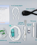 Accessories for the 3 In 1 Hydrogen Inhalation And Water Generator With 240 mL Per Minute Output Ultra Pure 99.996 Percent Hydrogen SPE PEM Ionizer With Platinum Electrodes Brown's Gas Option 4 Hour Night Mode For Home Travel And Car Use including H2-O2 mixing adaptor, power cord, TDS meter, filter rods, and more.