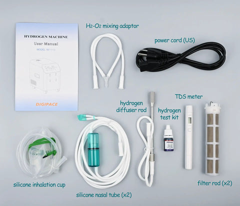 Accessories for the 3 In 1 Hydrogen Inhalation And Water Generator With 240 mL Per Minute Output Ultra Pure 99.996 Percent Hydrogen SPE PEM Ionizer With Platinum Electrodes Brown's Gas Option 4 Hour Night Mode For Home Travel And Car Use including H2-O2 mixing adaptor, power cord, TDS meter, filter rods, and more.