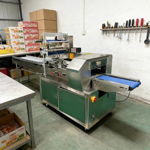 Compact Horizontal Flow Wrapper Shrink Wrap Machine 50 To 80 Pieces Per Minute with stainless steel design for efficient packaging.