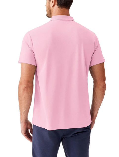 Back view of Men's Golf Polo Shirt With Moisture Wicking Quick Dry Fabric Lightweight Breathable 100 Percent Polyester Short Sleeve Collared Slim Fit Athletic Polo For Summer Play Stay Dry On The Green Dark Pink.