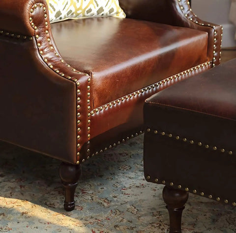 100 Pcs Antique Brass Upholstery Tacks 3/4 Inch Furniture Nails used on leather armchair with decorative nailhead trim.