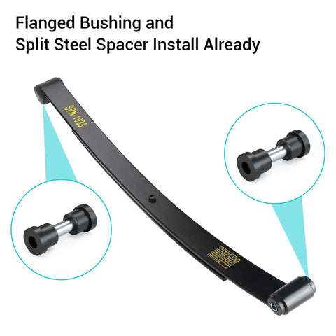 Heavy Duty Golf Cart Rear Leaf Spring Kit For EZGO RXV 2008 2013 with installed bushings and U-bolts, flanged bushing details
