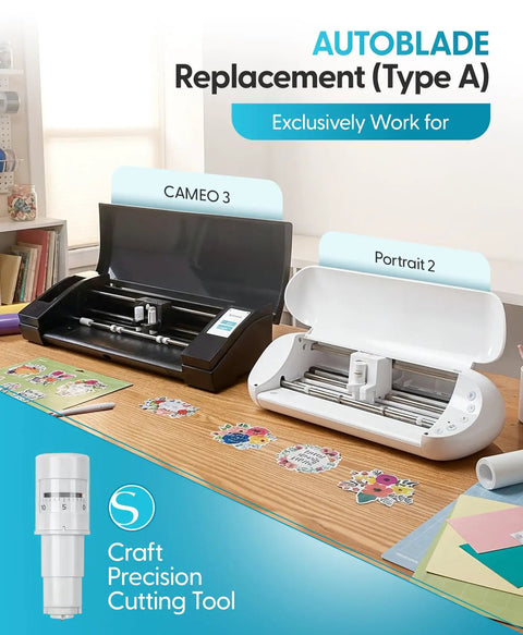Replacement Auto Blade Three Pack For Cameo 3 And Portrait 2 White Cutting Blades For Silhouette Machines displayed on desk