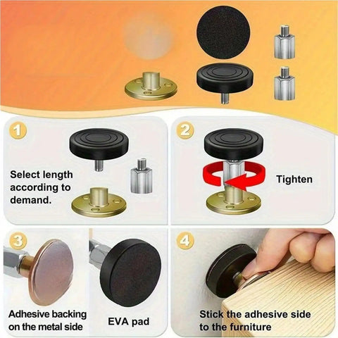 Assembly steps for Adjustable Furniture Feet 12 Pack Self Adhesive Metal Leg Pads With Telescoping Posts Stabilizers No Wobble Bed Frame Stopper